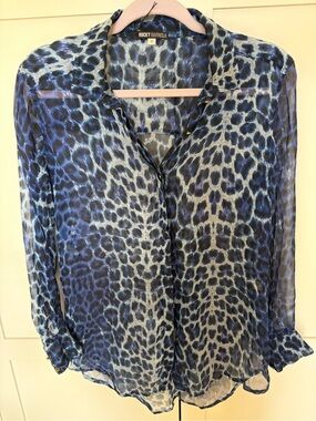Blue Leopard Print Sheer Button-Up Top
